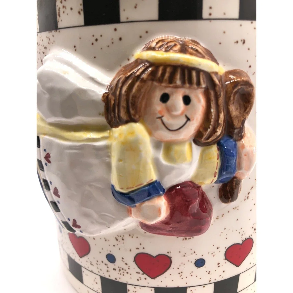 Vintage Ceramic Angel Baking Utensil Crock Heart Checkered Farmhouse Canister